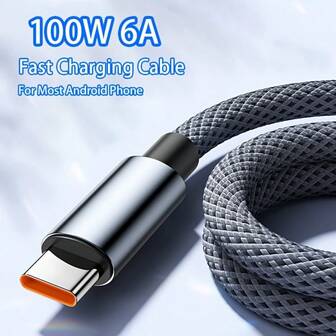 100W 6A Fast Charging Data Cord USB To Type C Aluminum Alloy Nylon Braided For Samsun S24 S23 S21 Xm14 12Pro K50 K60 Redmi Hw P40 P60 OPPO VIVO Oneplus Android Phone USB C Charge High-Speed Data Transmmission Cord Blue/ Black, 1m/ 1.5m/ 2m