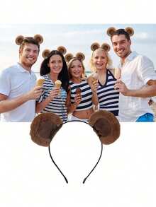 Cute Brown Bear Ear Headband – Movable Plush Cosplay Hairband For Halloween, Makeup, Face Washing & Costume Dress-Up - Multicolor - View 3