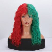 Christmas Dress Up Wig, Half Red Half Green Synthetic Long Curly Wig With Bangs For Women Daily Party Cosplay Costume Halloween Christmas, 20 Inch