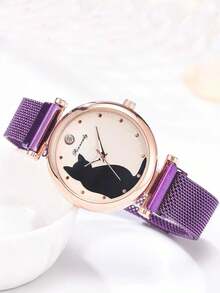 5 件套女士石英表，猫咪设计时尚手表和手链套装，磁性表带 - 彩色 - 查看 5