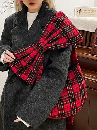 Snygg japansk söt tjej högkvalitativ ull röd rutig överdimensionerad rosett axelväska, avslappnad pendlings- och shoppingväska för skolor för kvinnor, stor kapacitet