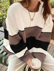 CMC 女士休闲舒适条纹套头毛衣，简约百搭 - 白色+黑色+紫色 - 查看 3