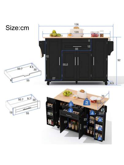 120*45cm, Mobile Kitchen Isl Trolley, Worktop Extends Up To 70cm, Hidden Cutlery Drawer, Adjustable Shelves, Spice Rack Towel Holder, Kitchen, Dining Room Or Living view 7
