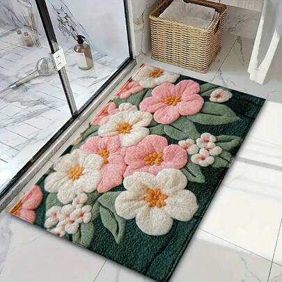 1pc Vintage Pink & White Floral Pattern Non-Skid Mat, Faux Cashmere Ultrafine Fiber Bathroom Doormat, Super Soft Bathroom Floor Rugs, Doormat, Bathroom Water Absorption Mat, Machine Washable, Low Pile, TPR Backing, Knit Fabric, Perfect For Entryway, Bathroom, Bedroom, Kitchen, Entryway, Indoor & Outdoor Use, Bathroom Accessories, Home Decor Christmas Decor Kitchen Rug