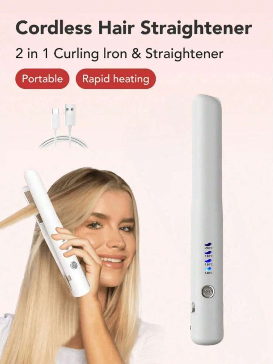 2-In-1 Wireless Mini Portable Hair Straightener & Curler, Ceramic Coated Wireless Straightener, USB Charging, 4 Temperature Settings, Up To 30 Min Continuous Use, Suitable For Travel, Party, Home, Dorm, Great Gift, With 2600mAh Battery