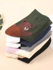3 Pairs Assorted Cute Animal Print Warm & Comfortable Mid-Calf Socks, Autumn/Winter