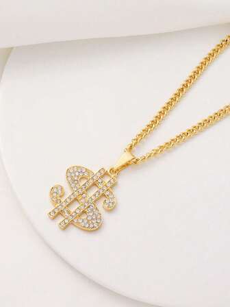 1pc Exaggerated Hip Hop Dollar Sign Necklace, Rhinestone Embellished Oversized Pendant, Metal Jewelry Accessory Suitable For Women, Daily Wear, Party Outfit, Gift