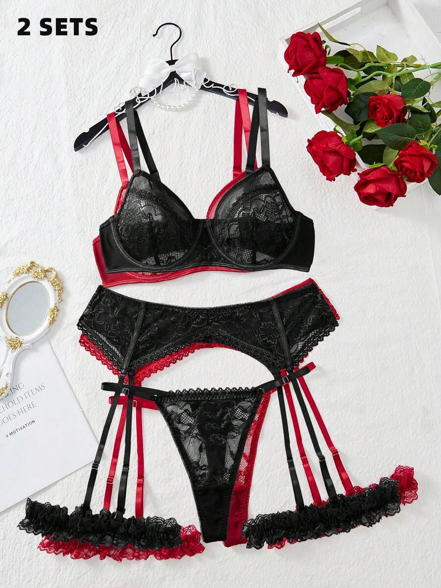 weiweihu Five-Piece Women's Large-Sized Lace Sexy And Erotic Lingerie, Thong, Garter, Leg Band, Steel  Sexy Lingerie  Ring, Lace Patchwork, Cutout And Transparent, The Ultimate Temptation - 黑色+酒紅色 - 查看 1