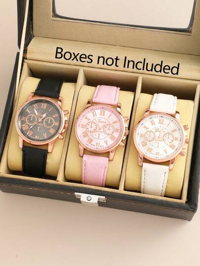 1/3 Stücke Damen PU Leder Gürtel Modische Lässig Retro Runde Römische Ziffern Quarz Uhr für den täglichen Gebrauch oder als Urlaubsgeschenk