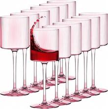 AGH 12 Pack Plastic Ribbed Wine Glasses 12oz Plastic Square Wine Glasses With Stem Perfect For Wine Tasting, Weddings, Anniversaries, Christmas, Birthday Gifts - 粉色 - 查看 6