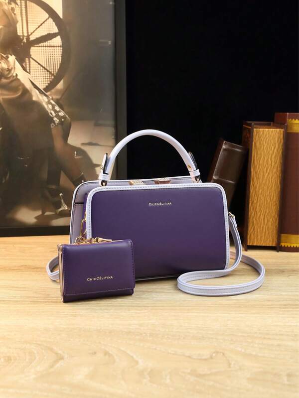 2pcs New Purple Women's Handbag With Small Wallet, Solid Color Patent Leather Women's Detachable Shoulder Strap Design, Suitable For Large Capacity Women's Bags For Daily Travel