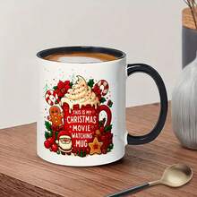 Christmas Movie Watching Mug, Festive Ceramic Cup With Santa, Gingerbread Man & Whipped Cream Design, Perfect For Holiday Beverages, Ideal Xmas Gift For Movie Lovers, Cozy Winter Drinkware For Home & Office - Christmas Cup - View 9