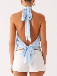 Women Y2k Halter Crop Tops Sleeveless Slim Fit Open Back Stylish Tank Top Tie Up Back Solid Color Summer Causal Camisole For Beach Club Party Streetwear - Màu xanh lam - Xem 3