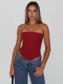 Women Bustier Corset Top Y2k Strapless Tie Back Boned Overbust Tube Crop Tops Going Out Club Shapewear - 紅色 - 查看 3