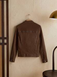 男式前扣长袖口袋做旧休闲牛仔夹克 - 棕色 - 查看 2