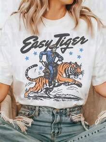 Women's Pure Cotton T-Shirt, Easy Tiger Denim Style T-Shirt, Unisex Fit, Comfortable Fabric, Beautiful Colors, Cotton Material, High Quality, Casual Comfortable Style, Elegant Women's Clothing, Local Warehouse - 白色 - 查看 1