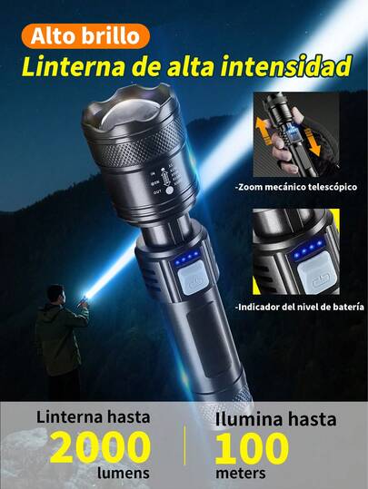Linterna LED Superpoderosa Recargable,linterna táctica de 2000LM con luz de pantalla,Linterna de Zoom Alta Potencia, Luz Telescópica Multifuncional Portátil para Exteriores y Hogar, carga USB, Emergencia, Liviana,con batería de litio, ideal para acampar, pescar, cazar, senderismo y situaciones de emergencia, luz de campamento