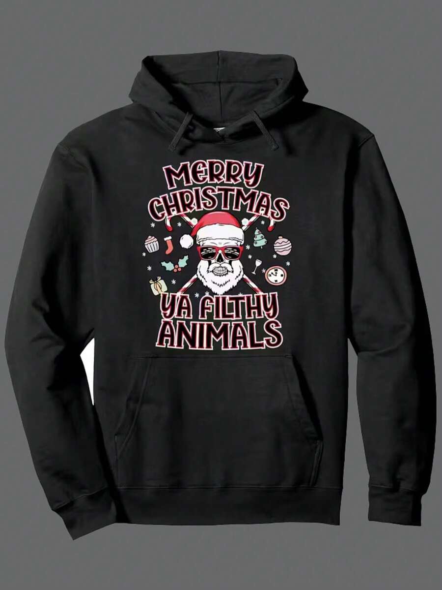 1pc Men'S Casual Christmas Hoodie - Cotton Blend Printed Pullover With Pocket, Digital Heat Transfer Detail, Slight Stretch Knit Fabric, Hooded Collar, Regular Fit, For Spring/Fall - 300g,Fall Hoodies,Men's Fall Clothes,Street Wear,Halloween,Mens Hoodies,Y2k Clothes,Jesus Hoodie,Thanksgiving Day,Nightmare Before Christmas,Christmas - 黑色 - 查看 1