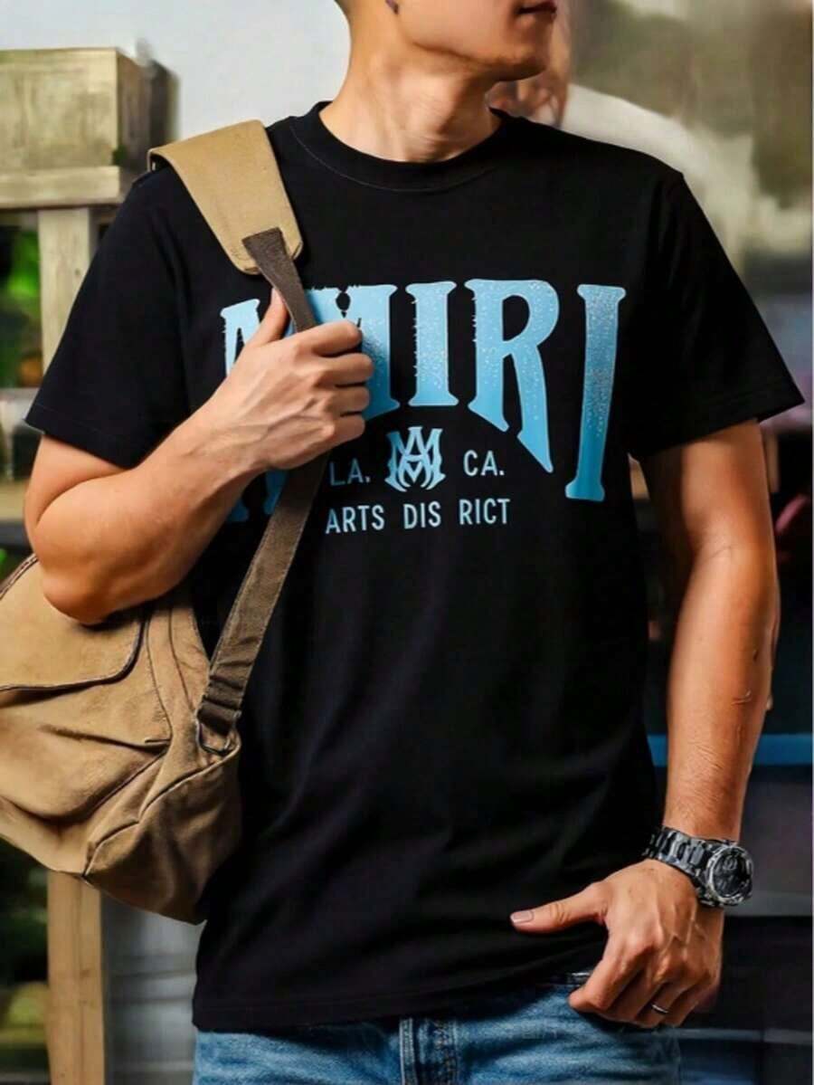 Camiseta de hombre AMIRL con estampado de letras "AMIRL" de rayas de colores, corte holgado, 100% algodón, estilo casual, cuello redondo estampado, lavable a máquina, apta para todas las estaciones - NEGRO 3 - Ver 1