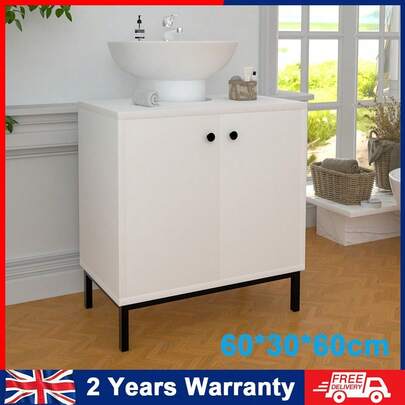 Under Sink Bathroom Cabinet, Storage Cabinet, With 2 Compartments Behind The Door, For Wash Basins With Pedestal, With Feet, 30 X 60 X 64 Cm, White
