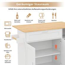 132.5*L44(70)*H90cm Mobile Kitchen Table, Folding Countertop, Oak Grain, Multifunctional Cabinet, Spice Rack, Towel Rack, 5 Rolls, Suitable For Kitchen/Dining Room/Home - White+Natural + MDF + European - View 4