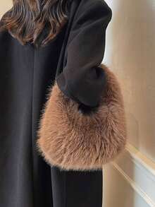 1pc Fashionable Plush Shoulder Bag, Flat Brim Handbag, Cute Women's Winter Handbag/Wallet - Coffee - View 10