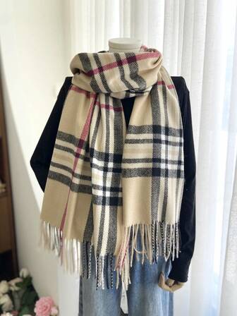1pc Women's Khaki Plaid Tassel Scarf, Elegant Fashion Polyester Faux Cashmere Shawl, Windproof And Warm For Outdoor, Autumn/Winter For Dress