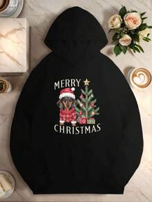 Christmas Merry Women's Casual Hoodie, Geometric Pattern, Long Sleeve, Polyester, Pocket Detail - Machine Washable, Suitable For Autumn/Winter, Teediy - Black - View 6