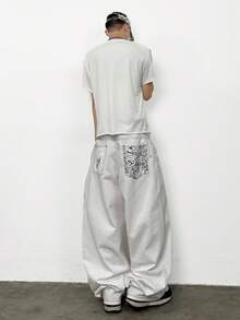 1 件正义兄弟个性化印花撞色缝线舒适休闲男士宽松直筒牛仔裤，四季百搭（不包括腰带/配饰） - 白色 - 查看 9