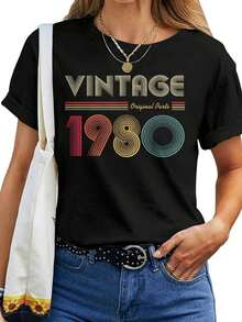 Vintage 1980 Original Parts 42Nd Birthday Women Women T-ShirtSummer 2026 Regular Fit, Hand Washable Or Machine Washable, Casual Style, Short-Sleeved Printed, Breathable, Moisture-Wicking And Soft, Suitable As A Birthday Gift, Christmas Gift, Halloween Gift For Both Men And Women, Or A Commemorative T-Shirt For Friends And Loved Ones. - 黑色 - 查看 1
