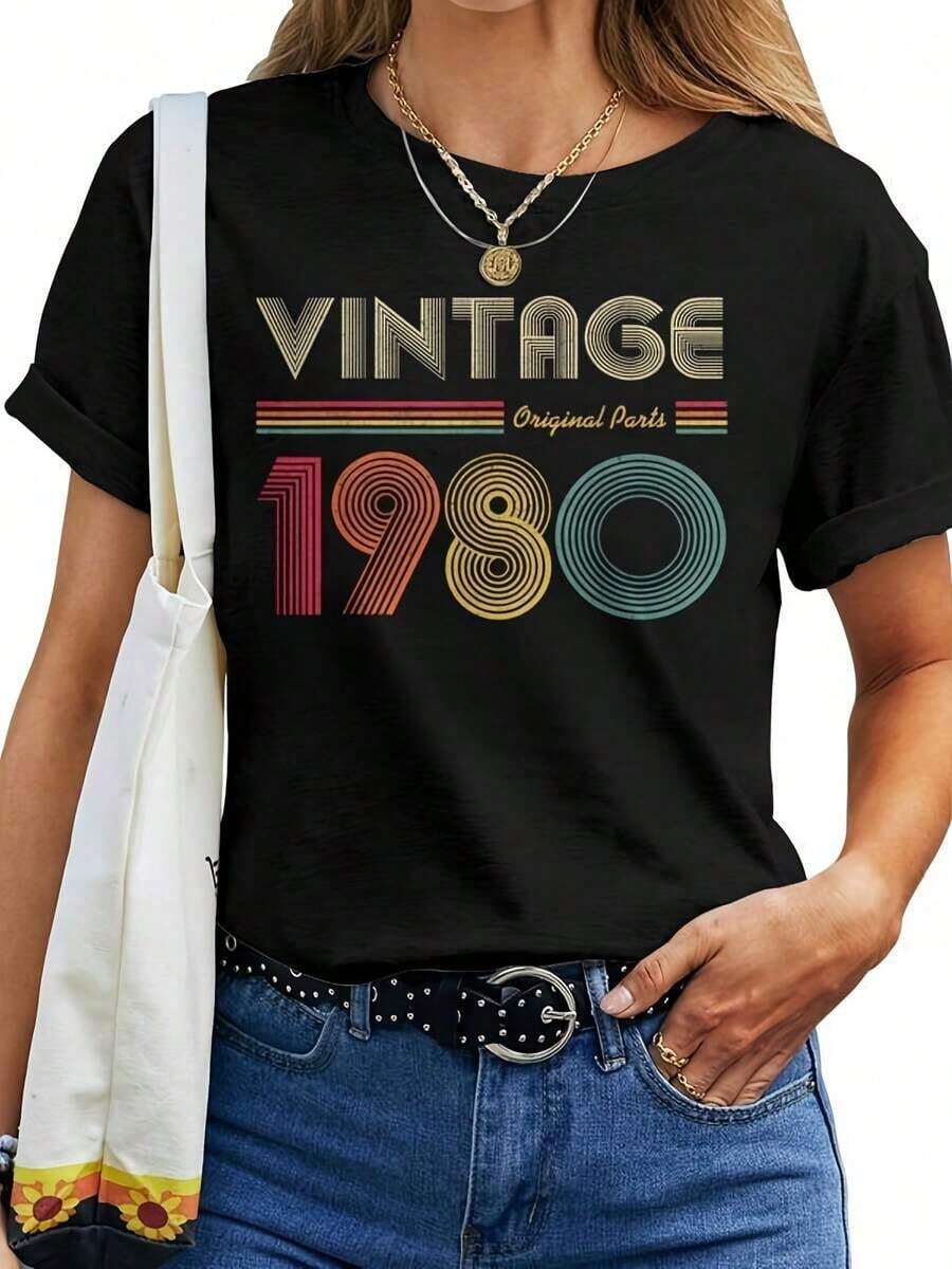 Vintage 1980 Original Parts 42Nd Birthday Women Women T-ShirtSummer 2026 Regular Fit, Hand Washable Or Machine Washable, Casual Style, Short-Sleeved Printed, Breathable, Moisture-Wicking And Soft, Suitable As A Birthday Gift, Christmas Gift, Halloween Gift For Both Men And Women, Or A Commemorative T-Shirt For Friends And Loved Ones. - 黑色 - 查看 1