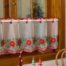 1 件圣诞红铃铛和驯鹿蕾丝刺绣半透明窗帘，美式咖啡色窗帘，半遮光 - 彩色 - 查看 10