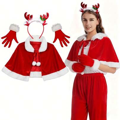 Complete Christmas Costume Set - Elegant Red & White Reindeer Antlers With Faux-Fur-Like Headband, Gloves & Cape-Like Shawl (No Assembly Required) For Holiday Parties, Role-Play & Nutcracker Outfits - Accessory Bundle