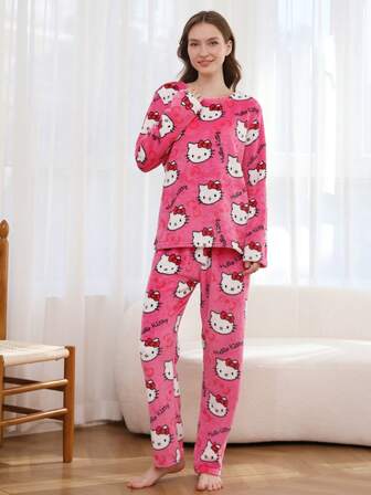 一套三丽鸥时尚宽松优雅舒适粉色Hello Kitty珊瑚绒女士家居服套装，长袖上衣和裤子，适合居家穿着、度假、送给家人和朋友的礼物，蓬松的冬季服装