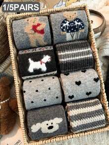 1/5 双随机女士彩色条纹卡通爱心、熊、狗图案保暖复古可爱中筒袜