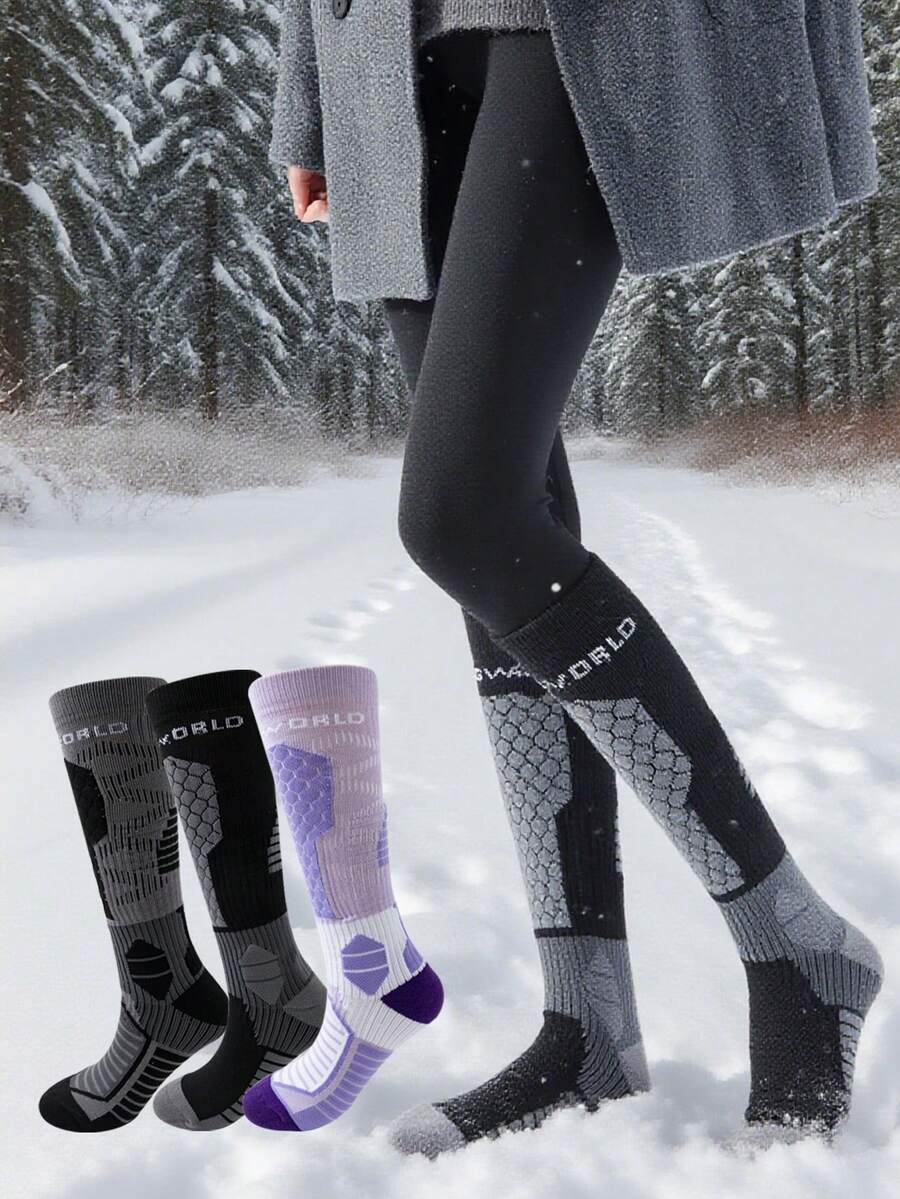 1/2/3 opakowania zimowych skarpet narciarskich dla kobiet z termiczną wyściółką, pogrubione skarpety sportowe do uprawiania turystyki pieszej i biegania, długie skarpety z podeszwą przypominającą ręcznik i kompresją łydki - Wielokolorowe - Zobacz 1