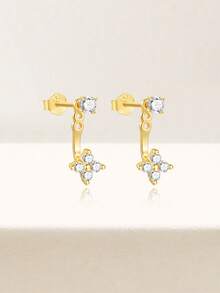 Hoa tai bạc Sterling 925 cho nữ Hoa tai Zirconia khối mạ vàng 18K Hoa tai đính đá CZ tinh xảo mặt trước và mặt sau, hoa tai đính đá đôi phong cách cho nữ - Vàng - Xem 9