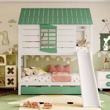 Letto a Castello, Letto a Soppalco con Letto Estraibile e Scivolo, Per Camera dei Bambini, Design Compatto, 90X200 cm, Bianco+Verde - Bianco+Verde - Visualizzare 5