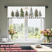 1pc "Merry Christmas" Christmas Tree Gift Box Print, Christmas Flat Print Kitchen Window Curtain, Rod Pocket Top, No Drilling Required, Washable, Fade-Resistant, Thickened, Light-Filtering, Christmas Atmosphere Door Window Decor, For Kitchen, Dining Room, Bedroom, Living Room, Cabinet, Party Scene Decoration
