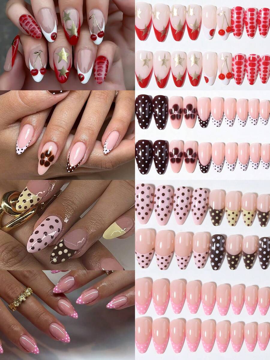 96pcs/Box (4mixed) Almond Flower Polka Dot Cherry French Design Tips Press On Nails Perfect Fit Acrylic False Nails Set,Include: 1pc Jelly Glue And 1pc Nail File,Nails In Autumn And Winter, Suitable For Women And Girls Daily Life And Party Use