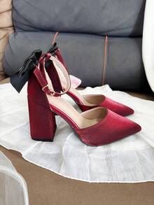 Minimalist Elegant Bowknot Decor High Heel Pumps, Cute & Versatile For Teens, Suitable For Birthday Party, Stage Show, Music Performance - Màu Đỏ Sâu - Xem 5
