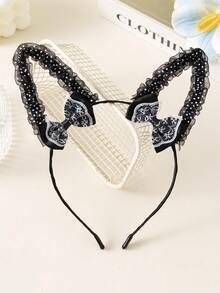 1pc Women's Headband With Cute Leopard Print, Cat Ears, Rabbit Ears, Black Lace Bow, Sexy Bunny Plush Costume Headpiece, Beauty, Hair Accessories - Black - View 16