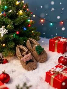 Pantofi de Crăciun pentru copii, pantofi pentru fete, pantofi pentru băieți, pantofi puțin adânci, design de pluș, potriviți pentru Crăciun, cald și distractiv - Cămilă - Vizualizare 2
