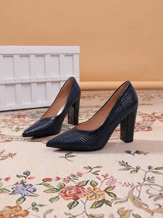 1 Pair Solid Color Sexy PU (Polyurethane) Patent Leather Chunky Heel Pointed Toe Pumps, Suitable For Party And Office, All Seasons