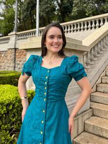 Women's Midi Dress, Casual, Elegant, Cotton, Daily - Teal Blue - View 3