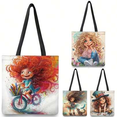 4 piezas, Bolso de tela con impresión de niña de cuento de hadas vintage y estilo caprichoso, de doble cara, bolso de compras con estampado de dibujos animados, estilo bohemio y académico, ideal para regalos de Otoño, Acción de Gracias y Pascua, adecuado para uso diario, picnics, vacaciones en la playa, trabajo y escuela, 16in*14in