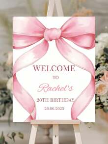 Personalized Pink Bow & Welcome Sign With Name & Age - Custom Birthday Board For Girls 1st/2nd/3rd Birthday Party Decorations, Wedding, Anniversary, Retirement - Elegant Cursive Lettering & Numbered Date - Durable Indoor/ Entrance Door Decor - Easy Setup With Adhesive/Screws Included - Pastel Pink Bow Design - Multicolor - View 2