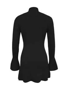 秋季时尚女装棕色短款高领针织立领喇叭下摆连衣裙 - 黑色 - 查看 6