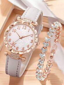 2pcs/Set Women's Elegant Fashion Watch, PU Leather Strap Bracelet, Rhinestone Inlaid Stainless Steel Chain, Classic Casual Multifunctional Stylish, Best Gift - Multicolor - View 4