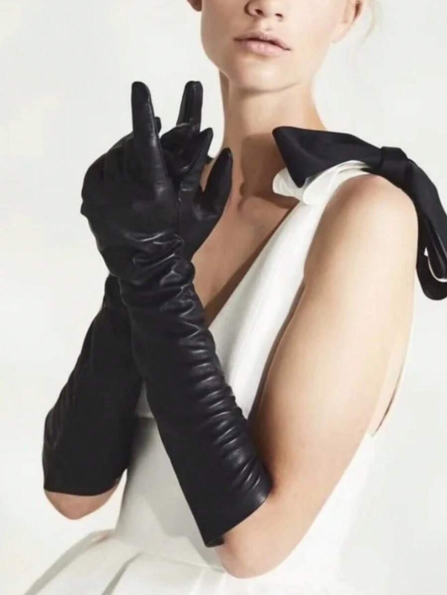 1双女士漆皮弹性紧身长手套，性感角色扮演表演手套，万圣节舞蹈多功能长手套 - 彩色 - 查看 1